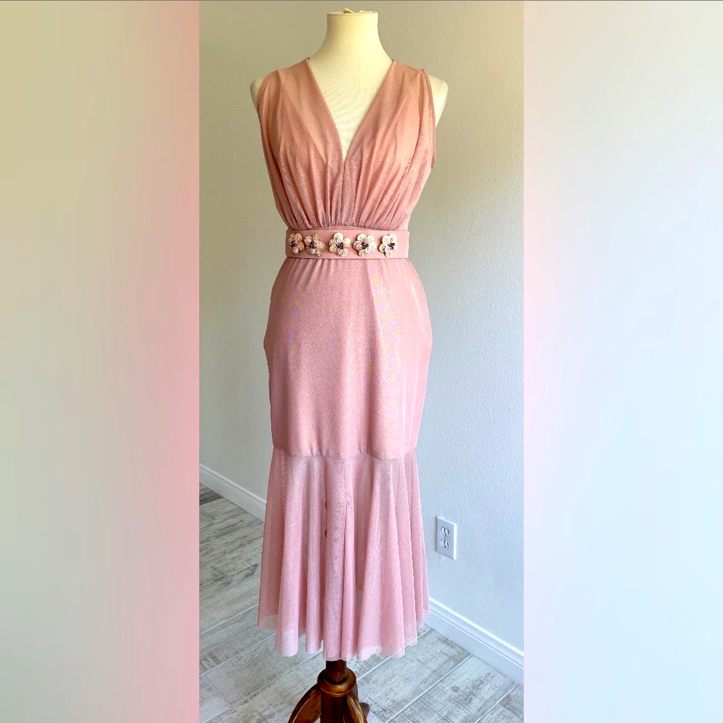 Bijan Andre Atelier Golden Pink Tulle Midi Dress With Belt. Size M. Brand New